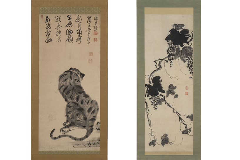 左:北為明筆『虎図』、右:若演筆『葡萄図』