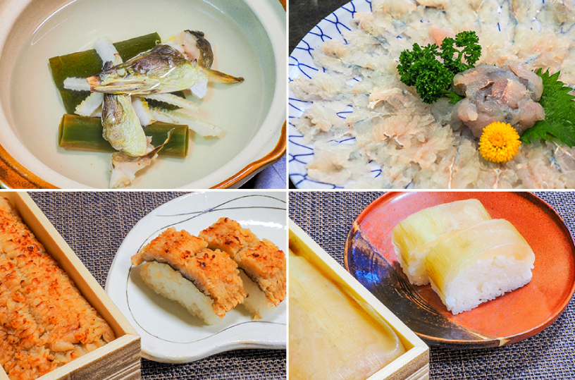 （左上）鱧の頭と骨・昆布でお出汁を引きます （右上）しゃぶしゃぶしやすい薄造り （左下）鱧寿司 2,300円（右下）甘鯛昆布じめ寿司 2,300円※各送料・クール代等別