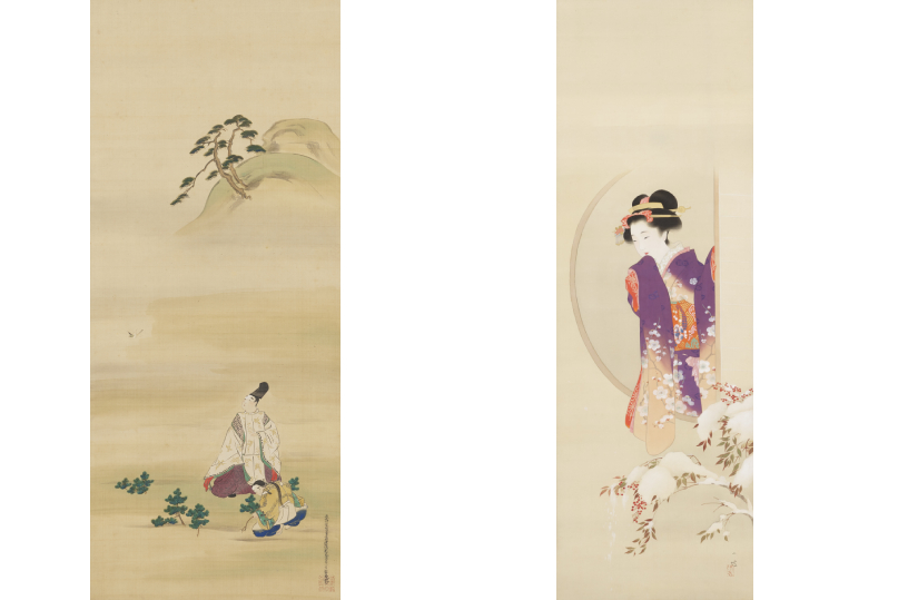 （左）冷泉為恭「春秋野遊山行之図_右」（後期）　（右）伊藤小坡「雪の朝」（後期）