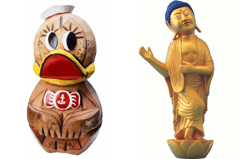 （左）ヤシやん　（右）ツッコミ如来立像
