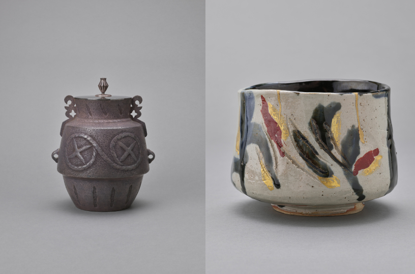 （左）堂本印象「茶釜 地中海」（堂本印象下絵） 1963年　（右）堂本印象「茶碗 高風想思」 1970年　ともに京都府立堂本印象美術館蔵