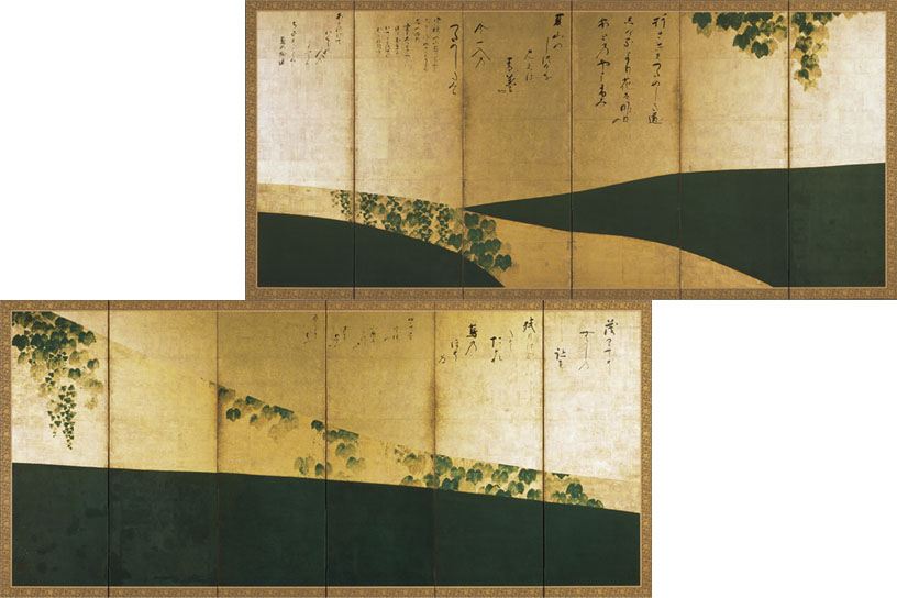 上／『蔦の細道図屏風』俵屋宗達筆 右隻、下／左隻 ※いずれも重文、相国寺蔵。Ⅰ期展示