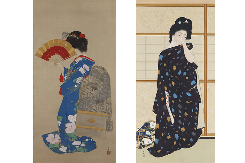 （左）竹内栖鳳「アレ夕立に」1909年 髙島屋史料館蔵 前期展示<br/>
（右）竹内栖鳳［重要文化財］「絵になる最初」1913年 京都市美術館蔵 後期展示