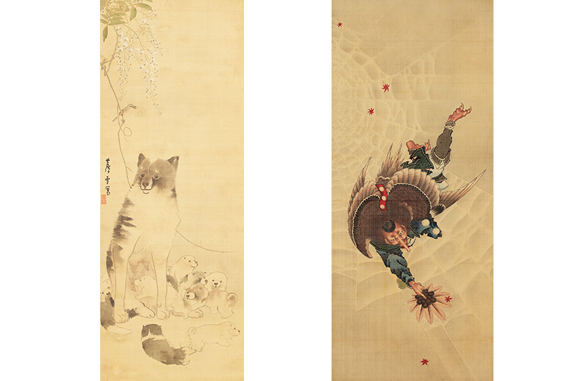 （左）⻑沢芦雪「親子犬図」前期展示、（右）葛飾北斎「大天狗図」前期展示