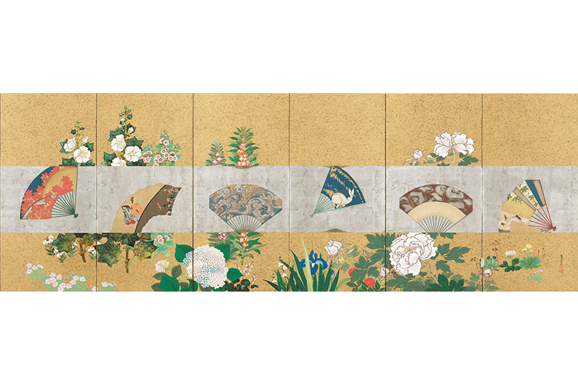 谷口香嶠、猪飼嘯谷「光琳式扇面散志図」（右隻） 前期展示