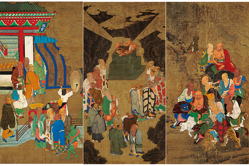 重要文化財「五百羅漢図」のうち 吉山明兆筆 南北朝時代・至徳3年（1386） 京都・東福寺蔵<br/>
（左）第40号幅 ※展示期間：11月21日（火）〜12月3日（日）<br/>
（中）第1号幅 ※展示期間：10月7日（土）〜10月22日（日）<br/>
（右）第20号幅 ※展示期間：10月24日（火）〜11月5日（日）