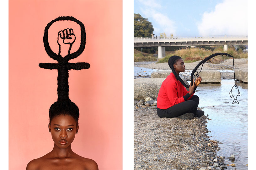 左：Feminist!, 2022, Abidjan　右：Fishing in kamo river, 2024, Kyoto © Laetitia Ky