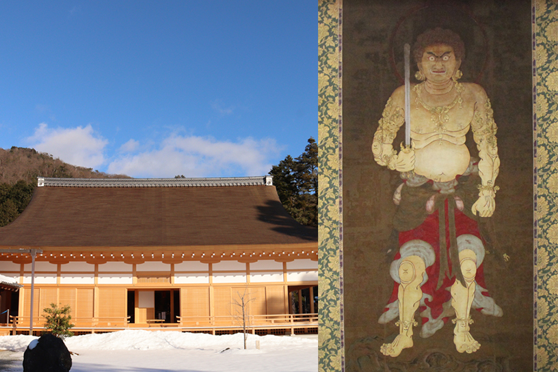 左：宸殿（2023年1月30日撮影）、右：『黄不動像』（模写・部分）