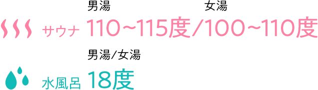 サウナ 男湯 110~115度 / 女湯 100〜110度 水風呂 男湯/女湯 18度